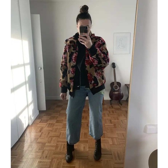 MSGM Giubbino Fleece Jacket Tan Red Floral Sherpa Zip Up Hooded Sz 38 / 4 US